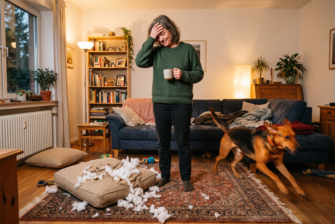 Hund dreht abends im Wohnzimmer auf